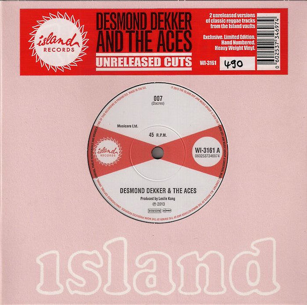 Image of Front Cover of 7" - VG/VG - DESMOND DEKKER & THE ACES, Unreleased Cuts (007 / Wise Man) (Island Records; WI-3161, UK 2013, Stickered Company Sleeve, Numbered Limited Edition / Solid Centre), 930/1000. Light marks. Sleeve mottled,  - 3916408C