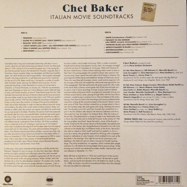 Image of Back Cover of 5134167E: LP - CHET BAKER, Italian Movie Soundtracks (WaxTime; 771870, Europe 2013 Reissue, 180 Gram Audiophile Pressing)   NEW/NEW