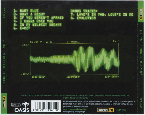 Image of Back Cover of CD - VG+/VG+ - GIORGIO MORODER, E=MC  (Repertoire Records ; REP 4948, Germany 2001, Jewel Case), ,  - 2016005C