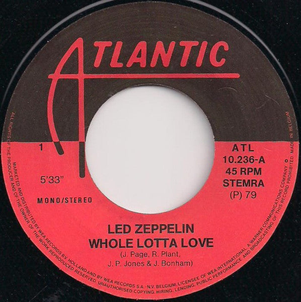 Image of Label Cover of 7" - VG+/VG+ - LED ZEPPELIN, Whole Lotta Love / Immigrant Song (Atlantic; ATL 10 236, Benelux 1979, Picture Sleeve), ,  - 3326166E