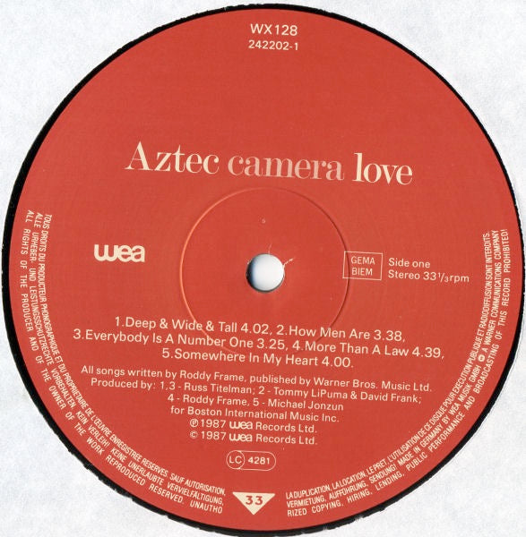 Image of Label Cover of LP - VG+/G+ - AZTEC CAMERA, Love (WEA; WX 128, Europe 1987, Inner, Three Lines Of Rim Text.), Promo sticker on rear sleeve.,  - 3116108C
