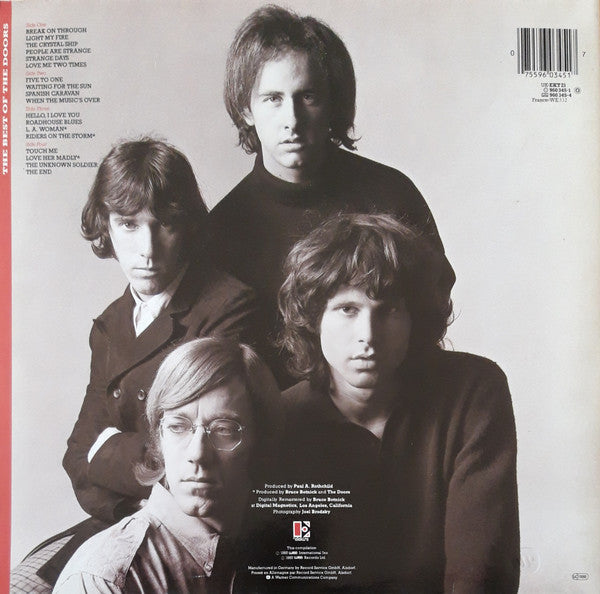 Image of Back Cover of 2xLP - VG/VG - THE DOORS, The Best Of The Doors (Elektra Orange Logo; 960 345-1, Europe 1985, Red Text Gatefold Sleeve), Hairlines. Feelable mark on A side. Indents, edge and ring wear, discolouration, tear to opening edge.,  - 2546110S