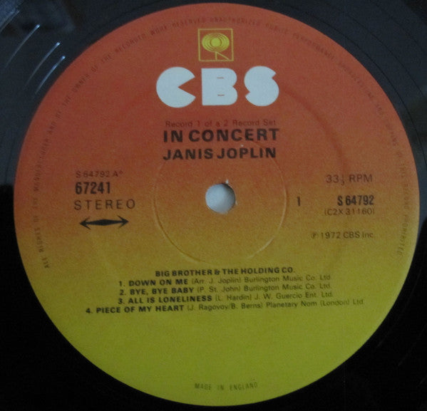 Image of Label Cover of 2xLP - VG/VG+ - JANIS JOPLIN, Joplin In Concert (CBS; 67241, UK 1972, Gatefold), Former owner's name label on record labels. ,  - 2726347E