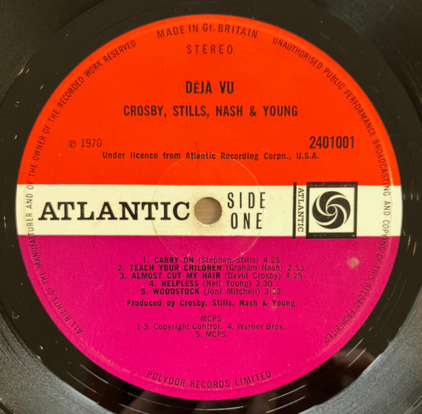 Image of Label Cover of LP - VG/VG - CROSBY, STILLS, NASH & YOUNG, D j  Vu (Atlantic Plum & Orange; 2401 001, UK 1970, Gatefold Textured Sleeve, 'B' scratched out of matrix on A-side runout), ,  - 3226077E