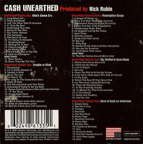 Image of Back Cover of 5xCD - VG/G+ - CASH, Unearthed (American Recordings; B0001679-02, US 2003, Slipcase, Book, Limited Edition), Quite a few marks on all discs. Box has some wear.,  - 2716352C