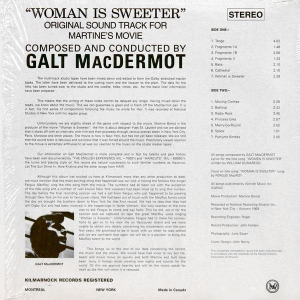 Image of Back Cover of 3044361S: LP - GALT MACDERMOTT, Woman is Sweeter - OST (Kilmarnock; KIL70003, Canada 2000s Reissue)   VG+/VG+