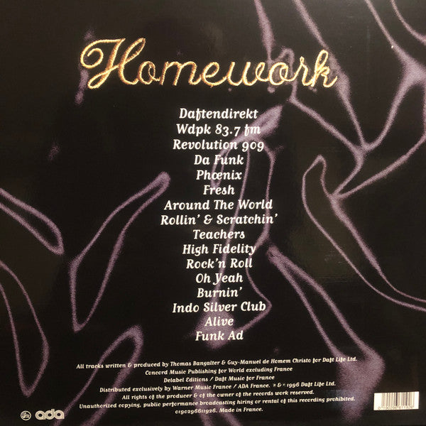 Image of Back Cover of 2xLP - NEW/NEW - DAFT PUNK, Homework (Soma Quality Recordings; 0190296611926, USA & Europe 2022 Reissue, Gatefold, 2 Inners), , Daft Punk's "Homework" is a classic 90s electronic dance music album released in 1997. It's an iconic piece of work that laid the foundations for modern EDM, showcasing Daft Punk's signature blend of house, techno and funk music. The album features hit tracks such as "Around the World" and "Da Funk". With its innovative sound design, catchy melodies, and groo