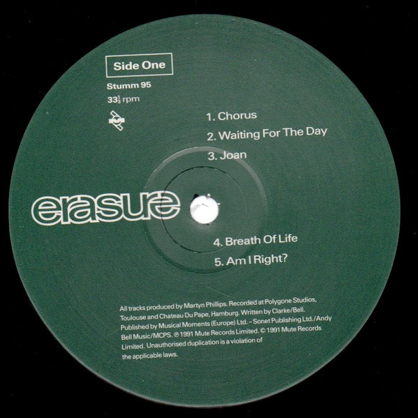 Image of Label Cover of LP - VG/VG - ERASURE, Chorus (Mute; Stumm 95, UK 1991, Inner), Ring and edge wear. ,  - 3926349E