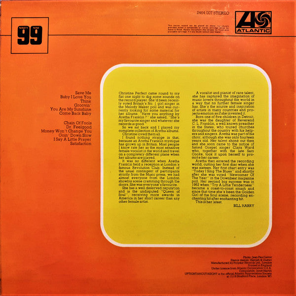 Image of Back Cover of LP - VG/G+ - ARETHA FRANKLIN, I Say A Little Prayer (Atlantic Plum & Orange; 2464 007, UK 1970, Laminated Sleeve), Laminate creasing. Plays through with surface noise. ,  - 4146202S