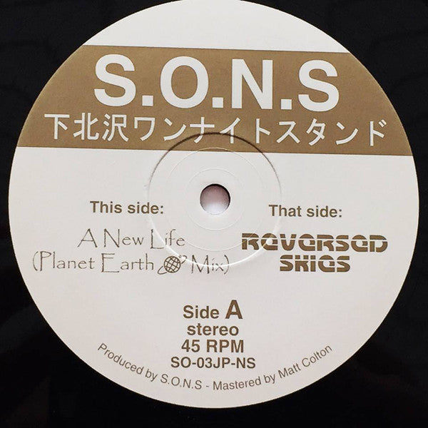 Image of Label Cover of 12" - VG/VG+ - S.O.N.S, Shimokitazawa One Night Stand (S.O.N.S ; SO-03JP-NS, South Korea 2017, Stickered Plain Sleeve), Minor edgewear to sleeve., A A New Life (Planet Earth Mix)B Reversed Skies - 3626408E