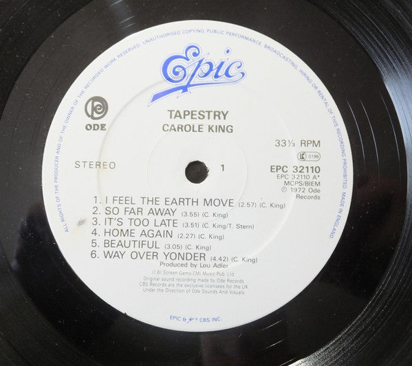 Image of Label Cover of LP - VG/G+ - CAROLE KING, Tapestry (Epic Grey Label; EPC 32110, UK 1980s), ,  - 0926275E