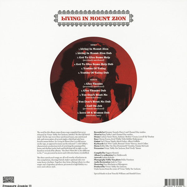 Image of Back Cover of 0633069E: 12" - VIVIAN JACKSON PRESENTS PATRICK ANDY, Living In Mount Zion (Pressure Sounds; PSLP111, UK 2022)   NEW/NEW