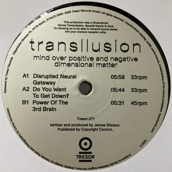 Image of Back Cover of 0733040E: 12" - TRANSLLUSION, Mind Over Positive And Negative Dimensional Matter (Tresor; Tresor.271, Germany 2023 Reissue, Plain Sleeve, 180 Gram Vinyl)   NEW/NEW