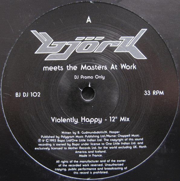 Image of Front Cover of 10" - VG/VG - BJ RK, Bj rk Meets The Masters At Work (One Little Indian ; BJ DJ 102, UK 1993, Promo, Plain Black Die Cut Sleeve), Strong VG - a few hairlines, edge & ring wear on plain card sleeve, A - Violently Happy (12" Mix)B - Violently Happy (Basso Hitto Dubbo) - 2846006S