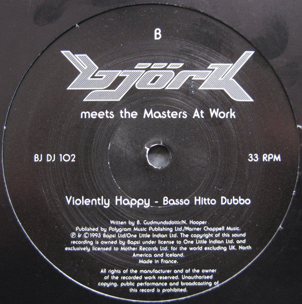 Image of Back Cover of 10" - VG/VG - BJ RK, Bj rk Meets The Masters At Work (One Little Indian ; BJ DJ 102, UK 1993, Promo, Plain Black Die Cut Sleeve), Strong VG - a few hairlines, edge & ring wear on plain card sleeve, A - Violently Happy (12" Mix)B - Violently Happy (Basso Hitto Dubbo) - 2846006S