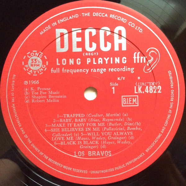 Image of Label Cover of LP - VG/VG - LOS BRAVOS, Black Is Black (Decca Red Unboxed; LK4822, UK 1967, Laminated Front Sleeve, Mono), ,  - 3526158E