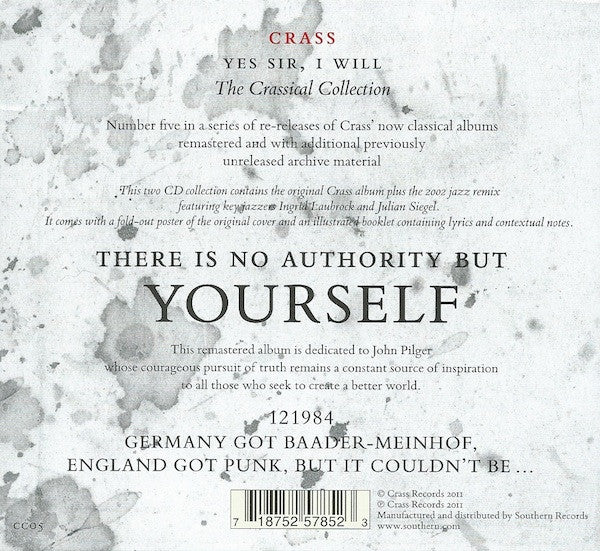 Image of Back Cover of 2xCD - VG/VG+ - CRASS, Yes Sir, I Will (The Crassical Collection) (Crass Records; CC05, UK 2011 Reissue, Gatefold Card Sleeve In Slipcase, Booklet, Miniature Reproduction Crass Poster), A few light dents on slipcase only,  - 3216097C