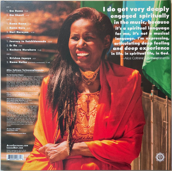 Image of Back Cover of 2xLP - VG+/VG+ - ALICE COLTRANE TURIYASANGITANANDA, World Spirituality Classics 1: The Ecstatic Music Of Alice Coltrane Turiyasangitananda (Luaka Bop; 6 80899 8087-1-6, US 2017, Gatefold, No First Pressing Stamp, Insert), ,  - 2716320C