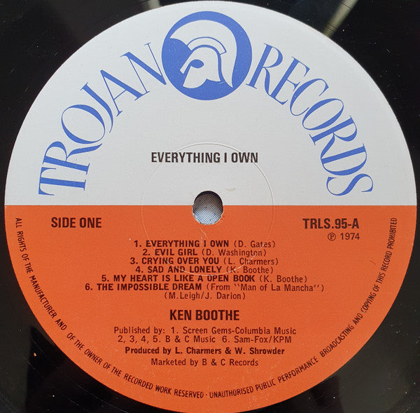 Image of Label Cover of LP - VG/G+ - KEN BOOTHE, Everything I Own (Trojan Records ; TRLS 95, UK 1974), Sleeve has sticker ghost on front, some wear and scuffs,  - 3916260C