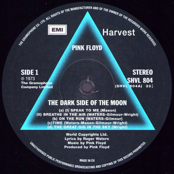 Image of Label of 3624351E: LP - PINK FLOYD, The Dark Side Of The Moon (EMI; SHVL 804, Europe 2013 Reissue, Gatefold, 3 Posters, 3 Stickers, 40th Anniversary Edition, Emi Copyright Version. 180g ) Ring Wear, Damage To Sleeve Opening, Sleeve Creased  VG/VG+