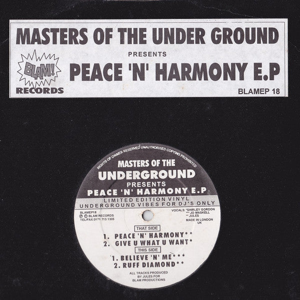 Image of Front Cover of 12" - /G+ - MASTERS OF THE UNDERGROUND, Peace 'N' Harmony E.P. (Blam Records; BLAMEP18, UK 1996, Stickered Plain Sleeve, Not in stickered sleeve, plain sleeve only.), ,  - 3326052E