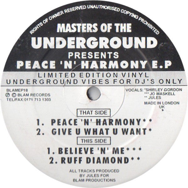 Image of Back Cover of 12" - /G+ - MASTERS OF THE UNDERGROUND, Peace 'N' Harmony E.P. (Blam Records; BLAMEP18, UK 1996, Stickered Plain Sleeve, Not in stickered sleeve, plain sleeve only.), ,  - 3326052E