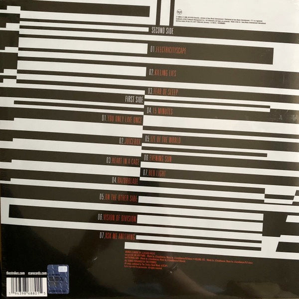 Image of Back Cover of LP - NEW/NEW - THE STROKES, First Impressions Of Earth (RCA; 19439868801, Europe 2023 Reissue, Inner, Poster, Black Vinyl ), , The Strokes' 2005 studio album, "First Impressions of Earth," incorporated experimental elements and shifted from their signature sound. Despite mixed reviews, the album has become a cult classic. The energetic track "You Only Live Once" sets the tone, while tracks like "Juicebox" and "Ask Me Anything" showcase the band's willingness to push boundaries. - 1936