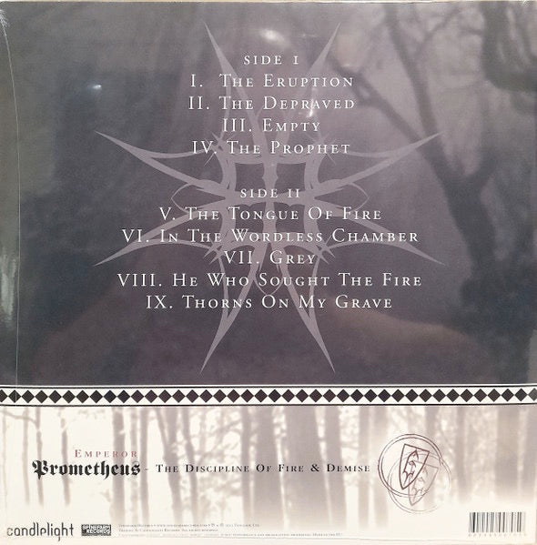 Image of Back Cover of 1925125E: LP - EMPEROR, Prometheus - The Discipline Of Fire & Demise (Candlelight Records; CANDLE500705, USA & Europe 2022, Inner, Poster, Blue Black and Grey Vinyl)   EX/EX