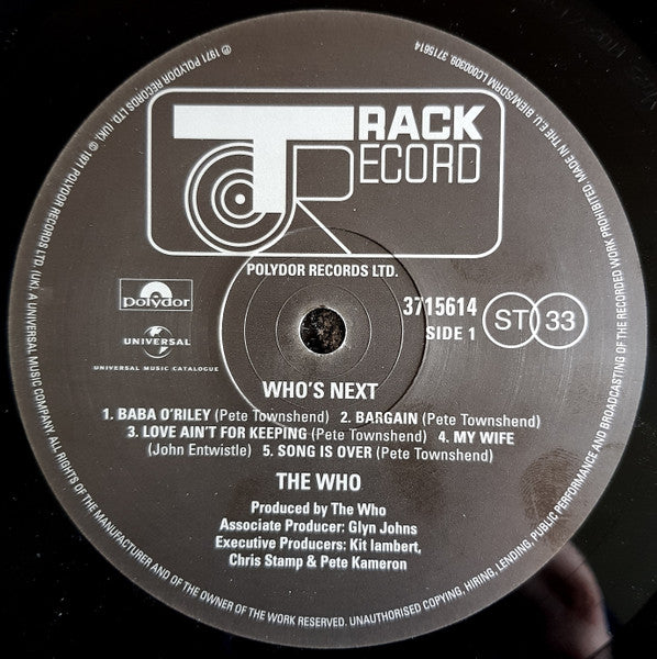 Image of Label Cover of LP - VG+/EX - THE WHO, Who's Next (Polydor; 3715614, UK 2015 Reissue, Inner, 180 Gram Vinyl.), ,  - 0716467C