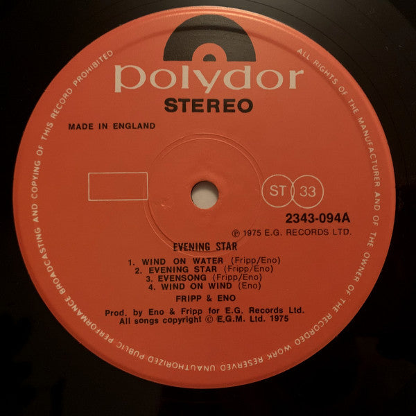 Image of Label Cover of LP - VG+/VG+ - FRIPP & ENO, Evening Star (Polydor Red Label; 2343 094, UK 1978 Reissue), ,  - 0846033S
