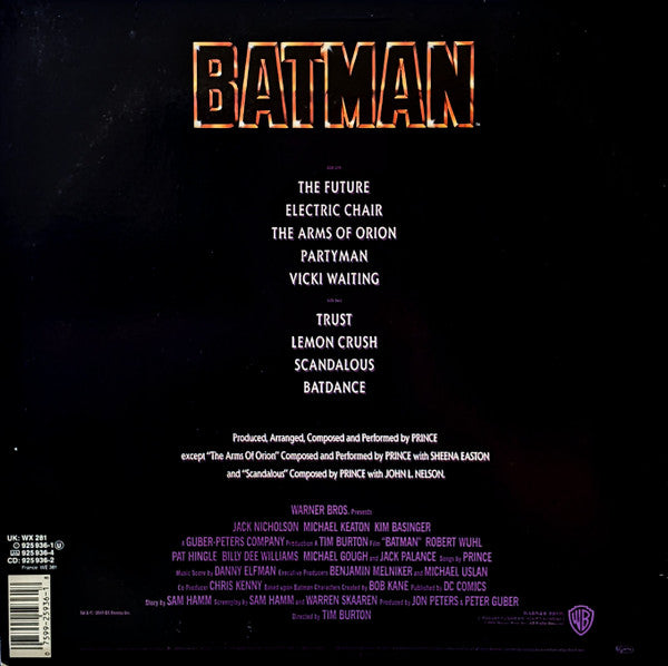 Image of Back Cover of LP - VG/G+ - PRINCE, Batman (Motion Picture Soundtrack) (Warner Bros. Records; 925 936-1, UK & Europe 1989, Inner, Stickered Sleeve), Lots of light marks to disc.,  - 3516351C