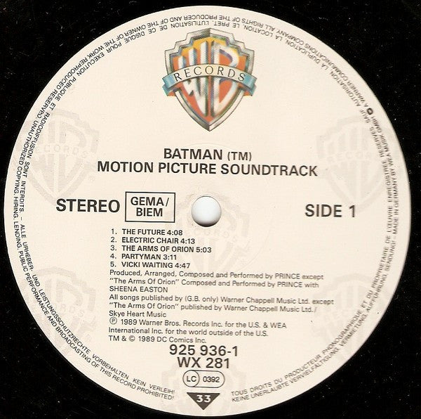 Image of Label Cover of LP - VG/G+ - PRINCE, Batman (Motion Picture Soundtrack) (Warner Bros. Records; 925 936-1, UK & Europe 1989, Inner, Stickered Sleeve), Lots of light marks to disc.,  - 3516351C