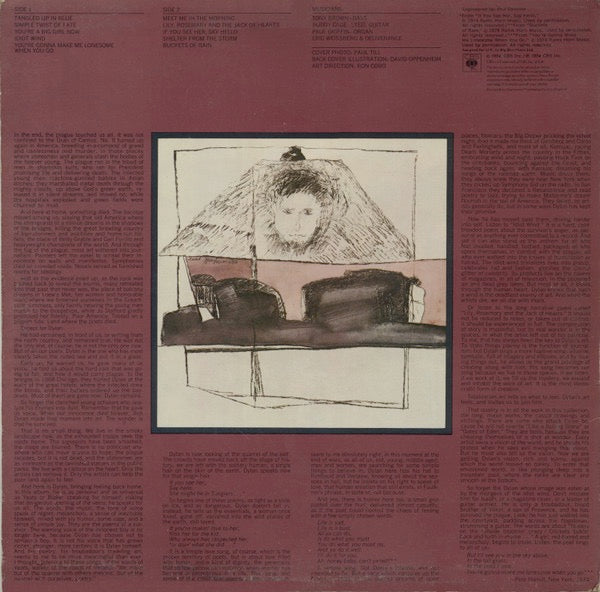 Image of Back Cover of LP - G+/G+ - BOB DYLAN, Blood On The Tracks (CBS Smooth Orange (33 1/3 On Label); CBS 69097, UK 1975, Red Inner, Cat. No. Bottom Left, Small Mural On Rear Of Sleeve), Edge wear, spine split. Split inner. Lots of hairlines on disc.,  - 3646069S