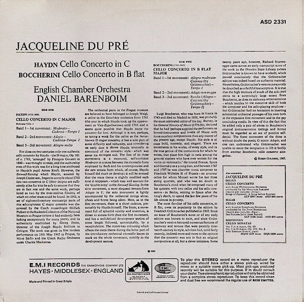 Image of Back Cover of LP - VG+/VG+ - JACQUELINE DU PRE, DANIEL BARENBOIM, THE ENGLISH CHAMBER ORCHESTRA, Haydn: Cello Concerto In C / Boccherini: Cello Concerto In B Flat (HMV Red, Black and White Nipper Box; ASD 2331, UK 1970s Reissue, Laminated Front Sleeve), ,  - 4326199E