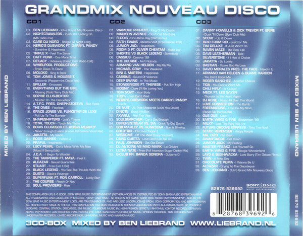 Image of Back Cover of 3xCDs - VG+/EX - BEN LIEBRAND, Grandmix Nouveau Disco (Sony BMG Music Entertainment; 82876 839692, Netherlands 2006), Still SEALED In Shrinkwrap, Couple hairline marks on jewel case,  - 1256125S