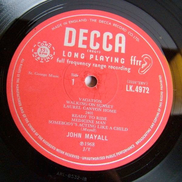 Image of Label Cover of 3045526S: LP - JOHN MAYALL, Blues From Laurel Canyon (Decca Red Unboxed; SKL4972, UK 1968, Laminated Gatefold Sleeve, Mono, J/T Tax Code at Bottom of Label) Strong G+. Fogging. Light surface marks. Very light edge wear and laminate creasing.  VG+/G+