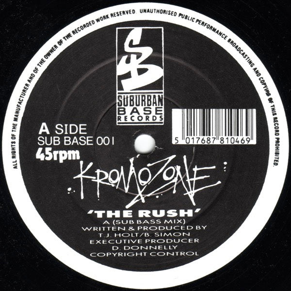 Image of Back Cover of 12" - VG+/G+ - KROMOZONE, The Rush (Sub Bass Mix) / The Rush (Dub Bass Mix) (Suburban Base Records; SUB BASE 001, UK 1991, Company Sleeve), ,  - 1616571C