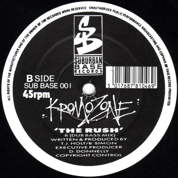 Image of Label Cover of 12" - VG+/G+ - KROMOZONE, The Rush (Sub Bass Mix) / The Rush (Dub Bass Mix) (Suburban Base Records; SUB BASE 001, UK 1991, Company Sleeve), ,  - 1616571C