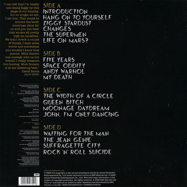 Image of Back Cover of 4944383S: 2xLP - DAVID BOWIE, Live Santa Monica '72 (EMI ; BOWLIVE 201072LP, Europe 2008, 2 Inners, Poster, Numbered Limited Edition) Edge wear, small sticker residue on back cover, number 1368  VG/VG+