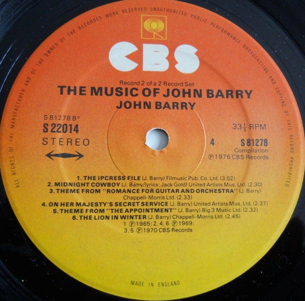 Image of Label Cover of 2xLP - VG/VG+ - JOHN BARRY, The Music Of John Barry (CBS; 22014, UK 1976, Gatefold), ,  - 3826099E