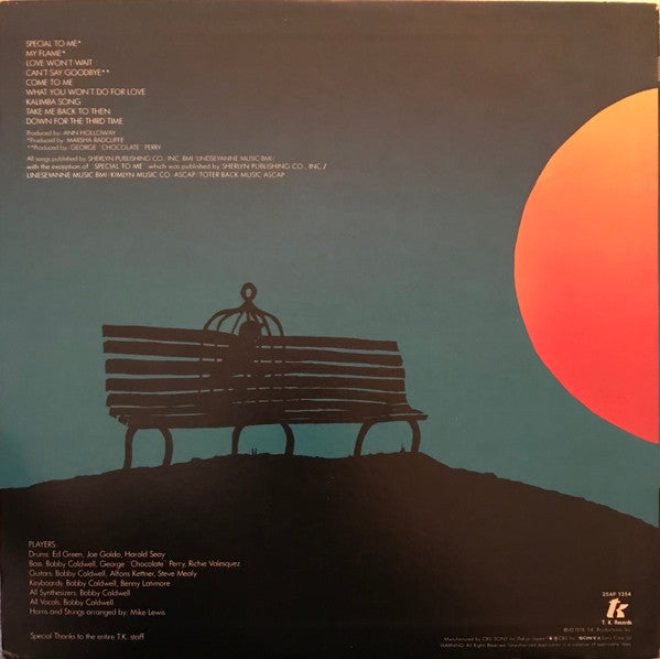 Image of Back Cover of LP - VG+/VG - BOBBY CALDWELL, Evening Scandal (T.K. Records; 25AP 1354, Japan 1978, Pasteback Sleeve, Insert, Missing the OBI), Hint of ringwear. Light hairlines. ,  - 4026140E