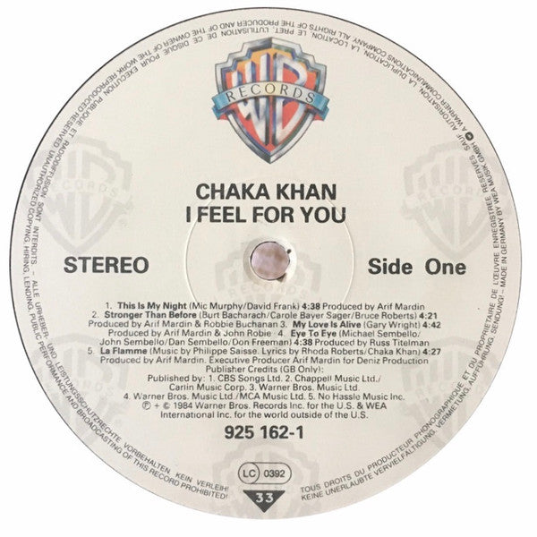 Image of Label Cover of LP - VG/VG - CHAKA KHAN, I Feel For You (Warner Bros. Records; 925 162-1, Europe 1984, Inner, No GEMA/BIEM Box on labels), ,  - 3516359C