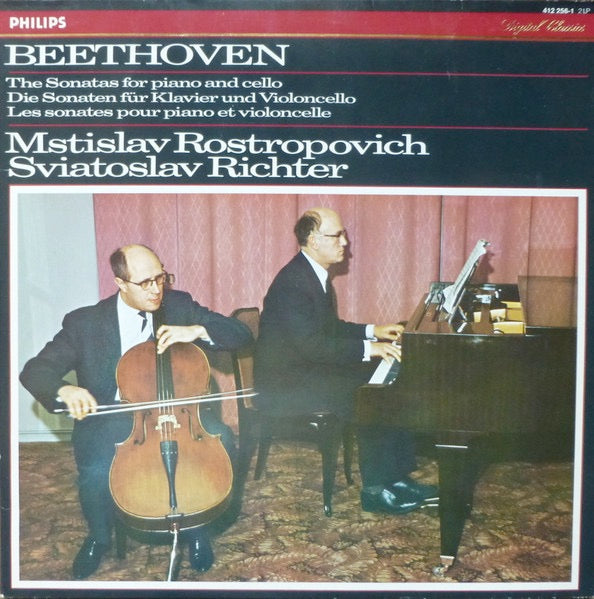 Image of Front Cover of 5045281S: 2xLP - MSTISLAV ROSTROPOVICH, SVIATOSLAV RICHTER, Beethoven: The Sonatas For Piano And Cello (Philips Classics; 412 256-1, Netherlands 1987, Gatefold) Pristine discs.  VG/EX