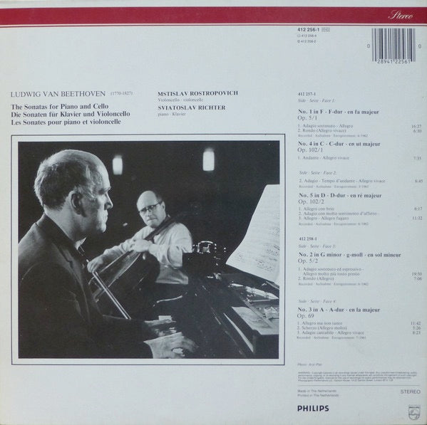 Image of Back Cover of 5045281S: 2xLP - MSTISLAV ROSTROPOVICH, SVIATOSLAV RICHTER, Beethoven: The Sonatas For Piano And Cello (Philips Classics; 412 256-1, Netherlands 1987, Gatefold) Pristine discs.  VG/EX
