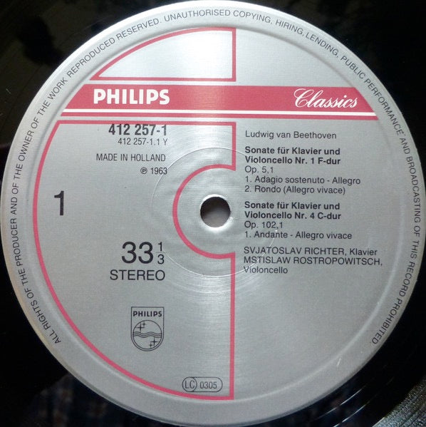 Image of Label Cover of 5045281S: 2xLP - MSTISLAV ROSTROPOVICH, SVIATOSLAV RICHTER, Beethoven: The Sonatas For Piano And Cello (Philips Classics; 412 256-1, Netherlands 1987, Gatefold) Pristine discs.  VG/EX