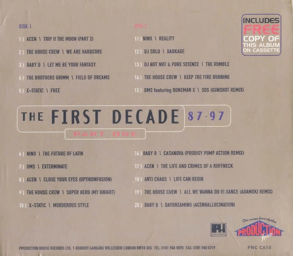 Image of Back Cover of S: 2xCD - VARIOUS, The First Decade '87-'97 (Part One) (Production House; PNC CA10, UK 1997, Box Set, With Cassette) no cassette  VG+/VG+