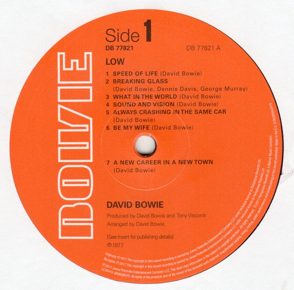 Image of Label Cover of LP - VG/VG+ - DAVID BOWIE, Low (Parlophone; DB 77821, UK 2018 Reissue, Inner & Insert, Fan Club Leaflet, 180 Gram Vinyl), Sleeve has light ring wear & the start of a split on top seam.,  - 4216640C