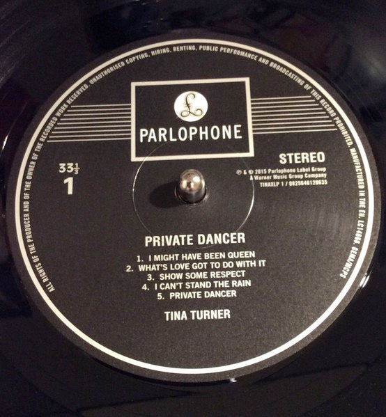 Image of Label Cover of 1414367C: LP - TINA TURNER, Private Dancer (Parlophone; TINAXLP 1, Europe 2015 Reissue, Inner, 180 Gram Vinyl.)   VG+/VG+