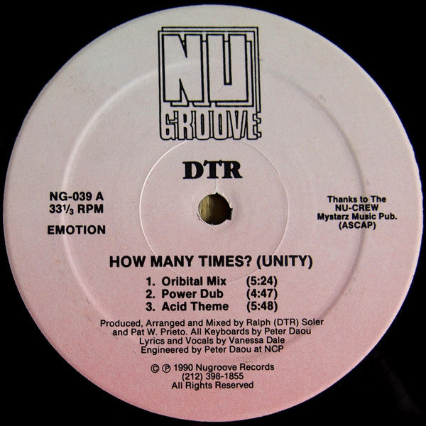 Image of Front Cover of 12" - /VG+ - DTR, How Many Times? (Unity) (Nu Groove Records ; NG-039, US 1990, Plain Sleeve), ,  - 4246053S