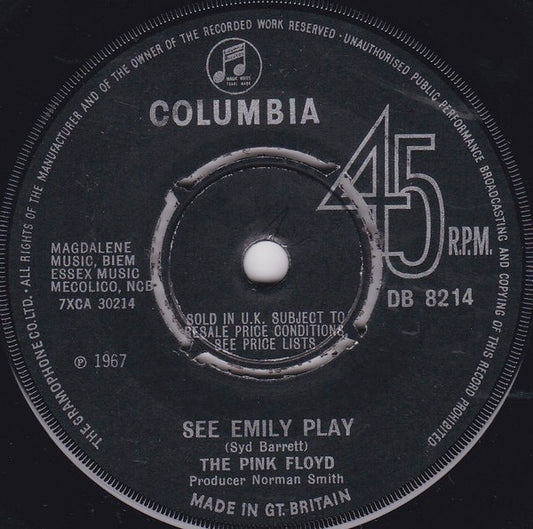 Image of Front Cover of 4225220E: 7" - PINK FLOYD, See Emily Play / Scarecrow (Columbia; DB 8214, UK 1967, Company Sleeve, 4-Pronged Push-Out Centre. Master Number Right Aligned.)   VG/VG